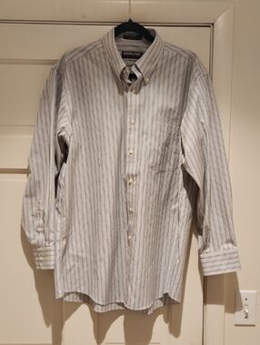 Kirkland Signature 100% Cotton White Button-Up Shirt with Blue Stripes